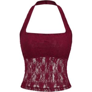 image:imageMakeMeChic Womens Y2k Lace Sheer Halter Crop Tops Sleeveless Going Out Tank TopRed