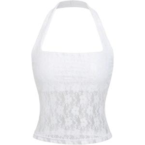 image:imageMakeMeChic Womens Y2k Lace Sheer Halter Crop Tops Sleeveless Going Out Tank TopWhite