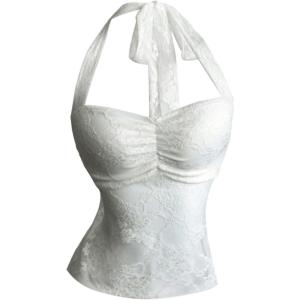 image:imageMakeMeChic Womens Y2k Lace Sheer Halter Crop Tops Sleeveless Going Out Tank TopWhite Lace
