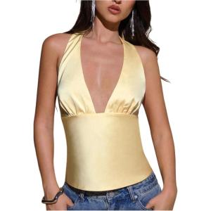 image:imageMakeMeChic Womens Y2k Party Satin Halter Top Tie Open Back Low Cut Fitted TopsLight Yellow