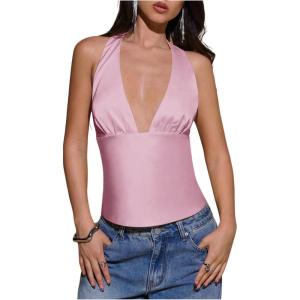image:imageMakeMeChic Womens Y2k Party Satin Halter Top Tie Open Back Low Cut Fitted TopsPink