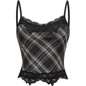 image:imageMakeMeChic Womens Y2k Plaid Lace Cami Crop Tops Spaghetti Strap Sleeveless Fitted TopsBlack