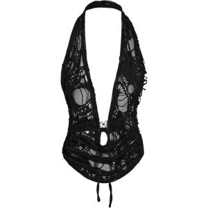 image:imageMakeMeChic Womens Y2k Rave Halter Tops Ripped Backless V Neck Tie Back Sexy TopBlack