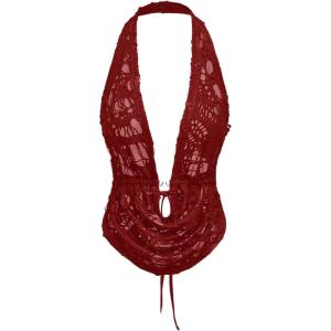 image:imageMakeMeChic Womens Y2k Rave Halter Tops Ripped Backless V Neck Tie Back Sexy TopBurgundy