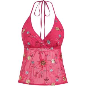 image:imageMakeMeChic Womens Y2k Sequin Halter Crop Tops Chiffon Wrap V Neck Tie Open Back Summer TopHot Pink