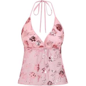 image:imageMakeMeChic Womens Y2k Sequin Halter Crop Tops Chiffon Wrap V Neck Tie Open Back Summer TopPink