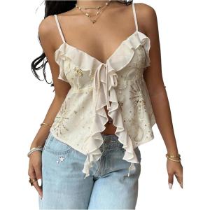 image:imageMakeMeChic Womens Y2k Sparkly Sequin Tops Going Out Tie Front Ruffle Tops Cute Summer CamisoleApricot