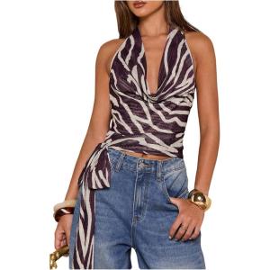 image:imageMakeMeChic Womens Zebra Printed Open Back Halter Tops Draped Knot Side Sleeveless TankBrown