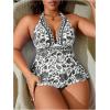 image:imageMakeMeChic Womens Plus Size Triangle Thong Bikini Sets Floral Cute Halter Tankini Tops Bathing Suit SwimsuitsBlack and White