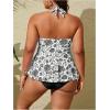 image:imageMakeMeChic Womens Plus Size Triangle Thong Bikini Sets Floral Cute Halter Tankini Tops Bathing Suit SwimsuitsBlack and White
