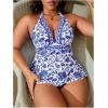 image:imageMakeMeChic Womens Plus Size Triangle Thong Bikini Sets Floral Cute Halter Tankini Tops Bathing Suit SwimsuitsBlue