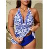 image:imageMakeMeChic Womens Plus Size Triangle Thong Bikini Sets Floral Cute Halter Tankini Tops Bathing Suit SwimsuitsBlue