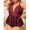 image:imageMakeMeChic Womens Plus Size Triangle Thong Bikini Sets Floral Cute Halter Tankini Tops Bathing Suit SwimsuitsRed and Black