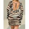 image:imageMakeMeChic Womens Plus Size Zebra Striped Mini Dress Long Sleeve Cowl Neck Sheer Y2K DressesBlack