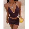 image:imageMakeMeChic Womens Summer Halter Tankini Swimsuit Beaded Backless Modest Two Piece Bathing SuitsRed Violet