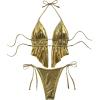 image:imageMakeMeChic Womens 2 Piece Beach Tankini Sets Metallic Halter Beaded Ruched Cheeky Summer SwimsuitsGold