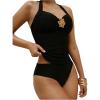 image:imageMakeMeChic Womens 2 Piece Tankini Sets Metallic 3D Floral Halter Tie Backless Summer Beach SwimsuitBlack