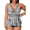 image:imageMakeMeChic Womens Plus Size Triangle Thong Bikini Sets Floral Cute Halter Tankini Tops Bathing Suit SwimsuitsBlack and White