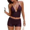 image:imageMakeMeChic Womens Summer Halter Tankini Swimsuit Beaded Backless Modest Two Piece Bathing SuitsRed Violet