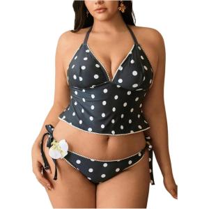 image:imageMAKEMECHIC Womens Plus Size 2 Piece Tankini Swimsuits Polka Dots Halter High Cut Bathing SuitBlack
