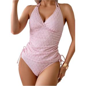 image:imageMAKEMECHIC Womens Summer Beach 2 Piece Tankini Sets Halter Drawstring Swimsuits Ruched Modest Bathing SuitsPink