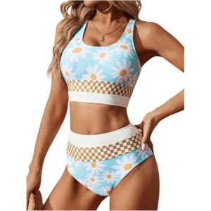 image:imageMAKEMECHIC Womens Tankini Swimsuits 2 Piece Floral Checkered High Waisted Bikini Bathing SuitBlue