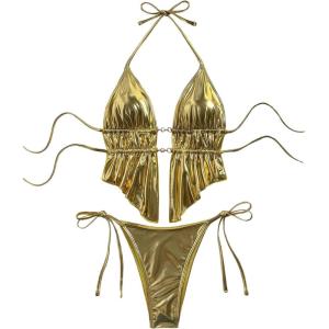 image:imageMakeMeChic Womens 2 Piece Beach Tankini Sets Metallic Halter Beaded Ruched Cheeky Summer SwimsuitsGold