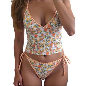 image:imageMakeMeChic Womens 2 Piece Tankini Set Lemon Print Halter High Cut Summer SwimsuitsMulticolor