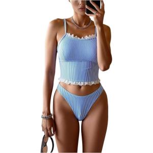 image:imageMakeMeChic Womens 2 Piece Tankini Set Striped Lace Ruffle High Cut Bathing SuitStriped Blue
