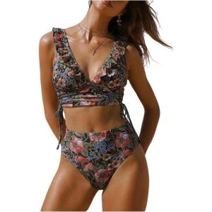 image:imageMakeMeChic Womens 2 Piece Tankini Swimsuits Boho Floral High Waisted Tummy Control Bathing SuitBlack