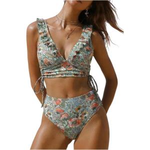image:imageMakeMeChic Womens 2 Piece Tankini Swimsuits Boho Floral High Waisted Tummy Control Bathing SuitCadet Blue