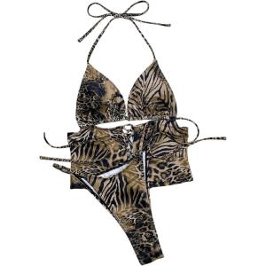 image:imageMakeMeChic Womens 2 Piece Tankini Swimsuits Cheetah Zebra Striped Halter Lace Up Summer Beach ClothingMulticolor
