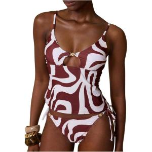 image:imageMakeMeChic Womens 2 Piece Tankini Swimsuits Cut Out Tie Side Thong Bathing SuitBrown
