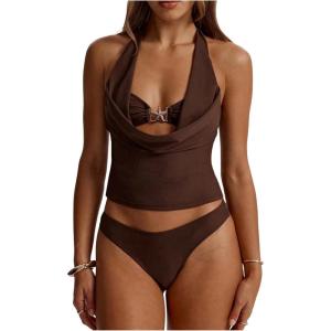 image:imageMakeMeChic Womens 2 Piece Tankini Swimsuits Starfish Halter Draped Tie Backless Cheeky Summer Beach ClothingBrown