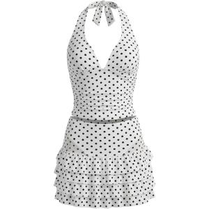 image:imageMakeMeChic Womens 3 Piece Summer Tankini Set Polka Dots Halter Tie Backless Swimsuit with Beach SkirtBlack and White B