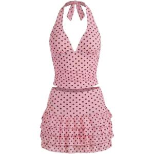image:imageMakeMeChic Womens 3 Piece Summer Tankini Set Polka Dots Halter Tie Backless Swimsuit with Beach SkirtPink