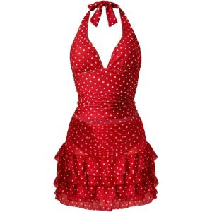 image:imageMakeMeChic Womens 3 Piece Summer Tankini Set Polka Dots Halter Tie Backless Swimsuit with Beach SkirtRed