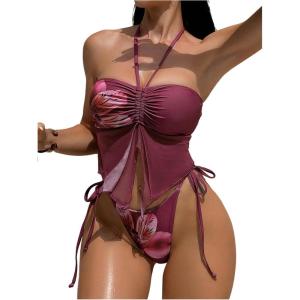 image:imageMakeMeChic Womens Floral Halter Tankini Swimsuits Ruched Open Back Thong Two Piece Bathing SuitsRed Violet