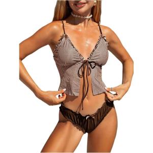 image:imageMakeMeChic Womens Gingham Tankini Sets Tie Front Ruffle Bikini Set High Cut Two Piece Swimsuit Floral Bathing SuitBrown