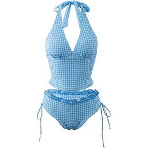 image:imageMakeMeChic Womens Gingham Tankini Swimsuit Halter Ruffle High Waisted Modest Two Piece Bathing SuitsBlue