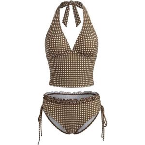 image:imageMakeMeChic Womens Gingham Tankini Swimsuit Halter Ruffle High Waisted Modest Two Piece Bathing SuitsMulticolor