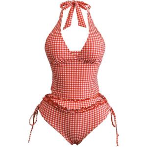 image:imageMakeMeChic Womens Gingham Tankini Swimsuit Halter Ruffle High Waisted Modest Two Piece Bathing SuitsRed
