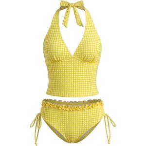 image:imageMakeMeChic Womens Gingham Tankini Swimsuit Halter Ruffle High Waisted Modest Two Piece Bathing SuitsYellow