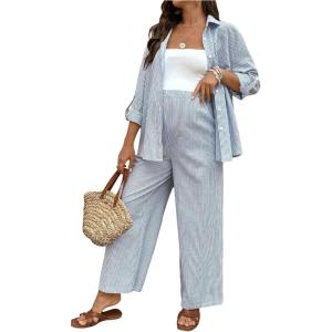image:imageMakeMeChic Womens Maternity Clothes 2 Piece Fall Outfits Striped Button Down Shirt and Pants Pregnancy SetsBlue