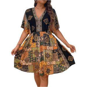 image:imageMakeMeChic Womens Plus Size Boho Dress Half Sleeve Flowy Sundress V Neck Summer Short DressesBlack