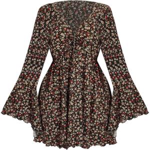image:imageMakeMeChic Womens Plus Size Floral Bell Sleeve Mini Dress V Neck Flare Boho Summer DressesMulticolor