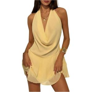 image:imageMakeMeChic Womens Plus Size Halter Dress Ruffle Tiered Draped Backless Y2K Mini DressesYellow
