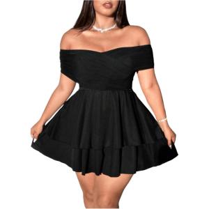 image:imageMakeMeChic Womens Plus Size Off The Shoulder Mini Dress Ruffle Layered Flare Cocktail DressesBlack
