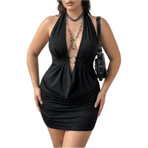 image:imageMakeMeChic Womens Plus Size Summer Halter Mini Dress Deep V Neck Backless Bodycon Ruched Y2K Short Dresses