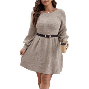 image:imageMakeMeChic Womens Plus Size Sweater Dress Long Sleeve Crew Neck Fall Winter Pullovers Jumper DressesApricot